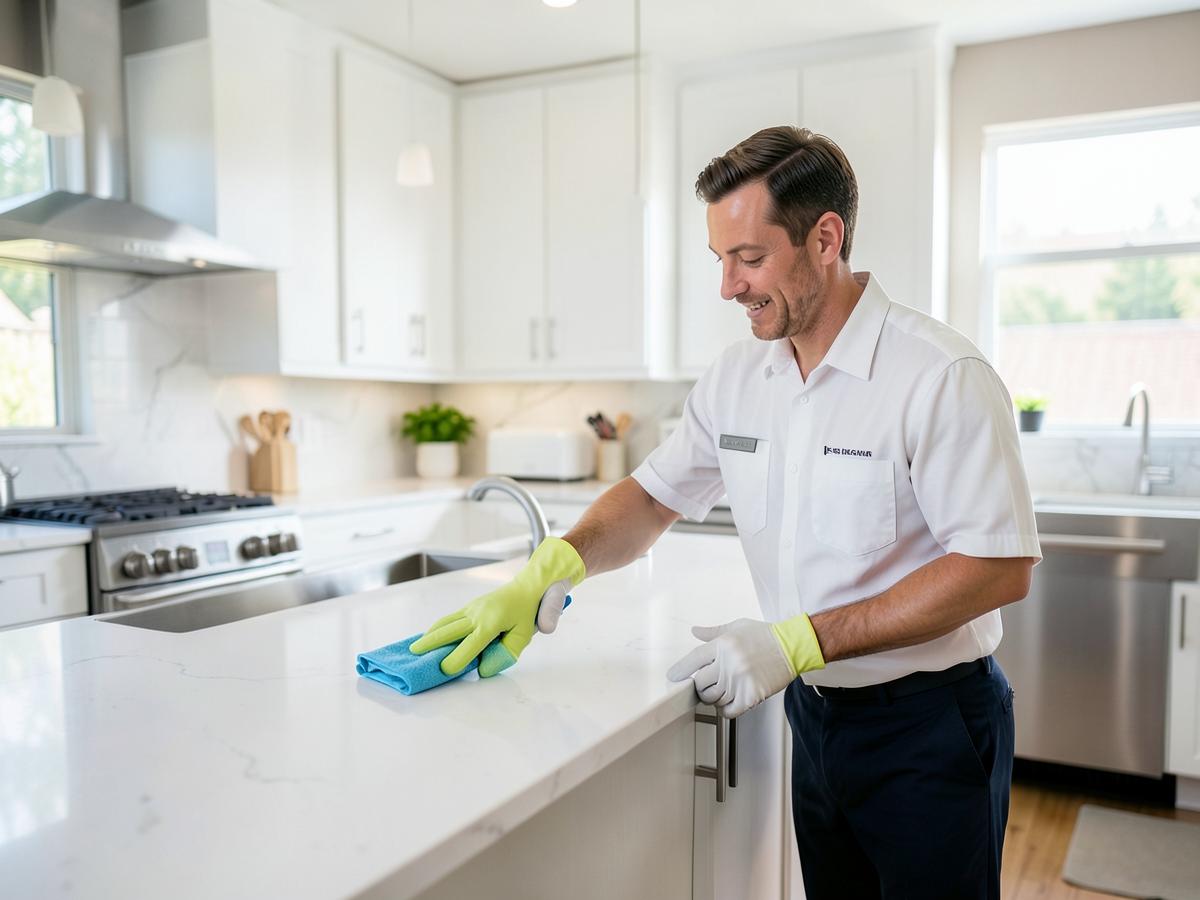 Cleaning professional wiping a kitchen counter in a bright modern home
