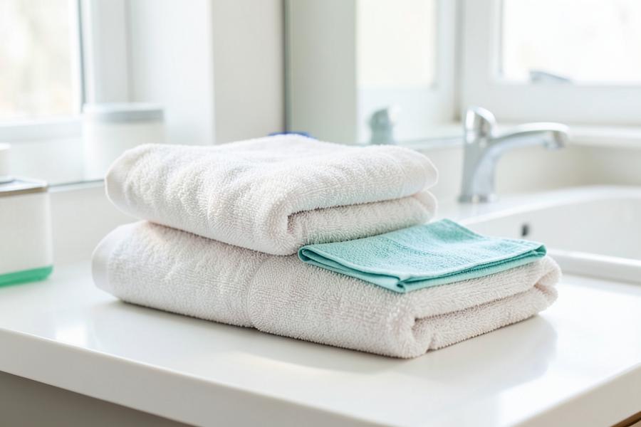 Neatly folded towels on a bright bathroom counter