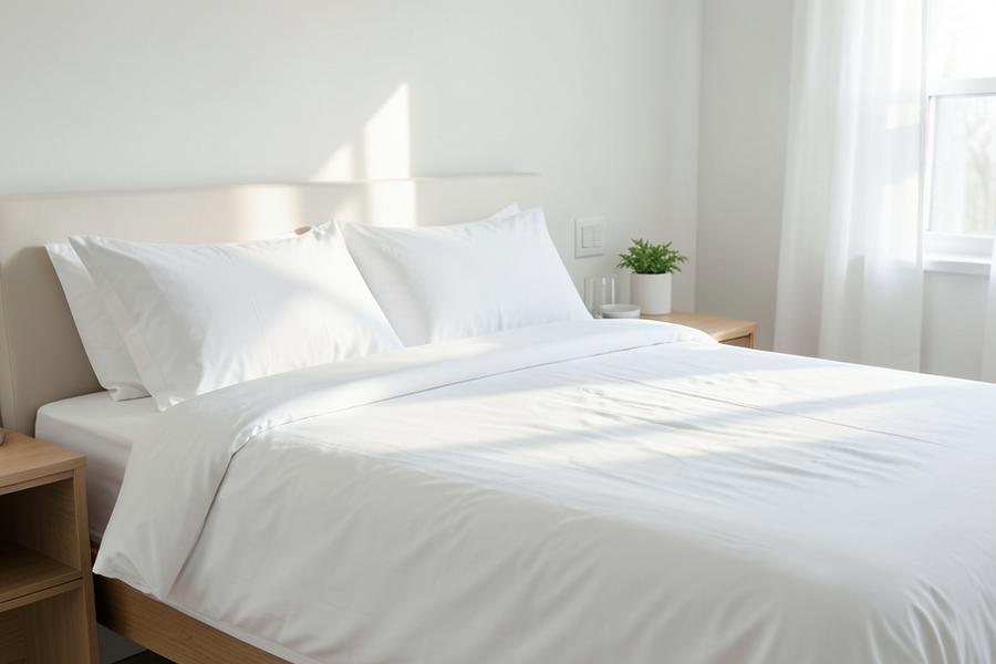 Bedroom with crisp white bedding in morning light